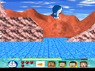 Doraemon: Nobita to Fukkatsu no Hoshi (PlayStation) screenshot: Stage 2. So this planet has water? Not bad. Btw, the characters can swim, don't worry.