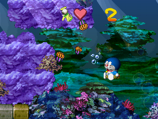 Doraemon 2: SOS! Otogi no Kuni (PlayStation) screenshot: Doraemon is a good swimmer but... he's dead. :(