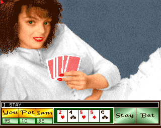 Strip Poker II Plus (Amiga) screenshot: Sam fully clothed