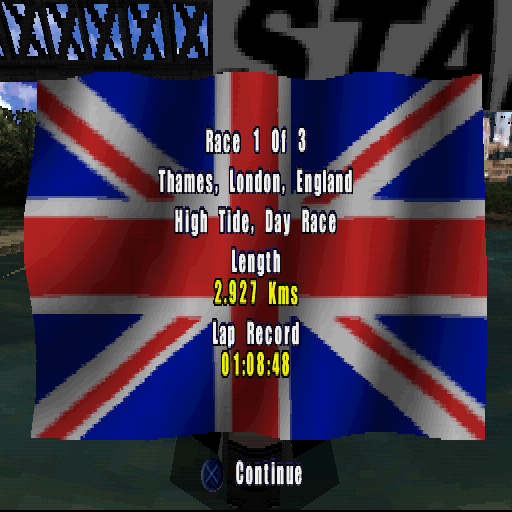 Aqua GT (PlayStation) screenshot: Race 1 of 3. Thames, London, England.