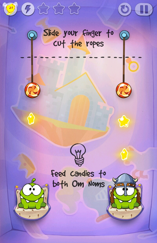 Cut the Rope: Time Travel (Android) screenshot: This time you need to feed candies to both Om Noms
