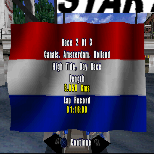 Aqua GT (PlayStation) screenshot: Race 2 of 3. Canals, Amsterdam, Holland.