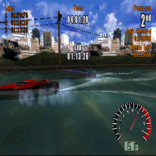 Aqua GT (PlayStation) screenshot: Ah crap... I was very close... but 2nd is not bad at all for someone who doesn't give a sh*t about powerboating.