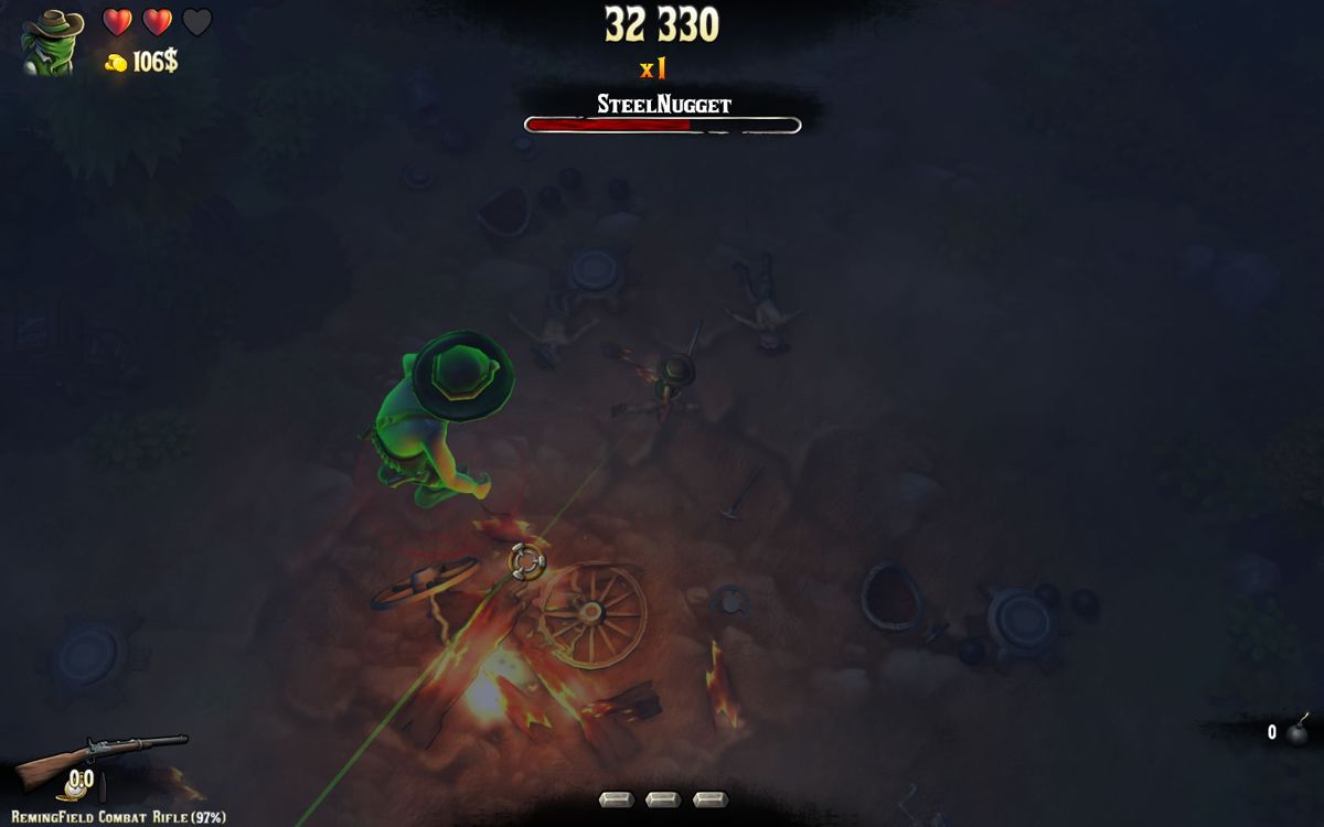 Wild Frontera (Windows) screenshot: The second level takes place entirely at night, with a boss battle against SteelNugget.