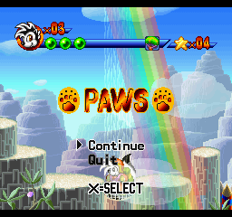 Punky Skunk (PlayStation) screenshot: The pause menu (excuse me, "paws" menu) is very cute.