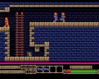 Atlantyda (Amiga) screenshot: Hint scroll and a switch