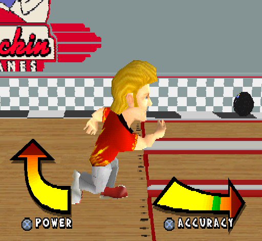 Big Strike Bowling (PlayStation) screenshot: Throwing the ball. Literally.