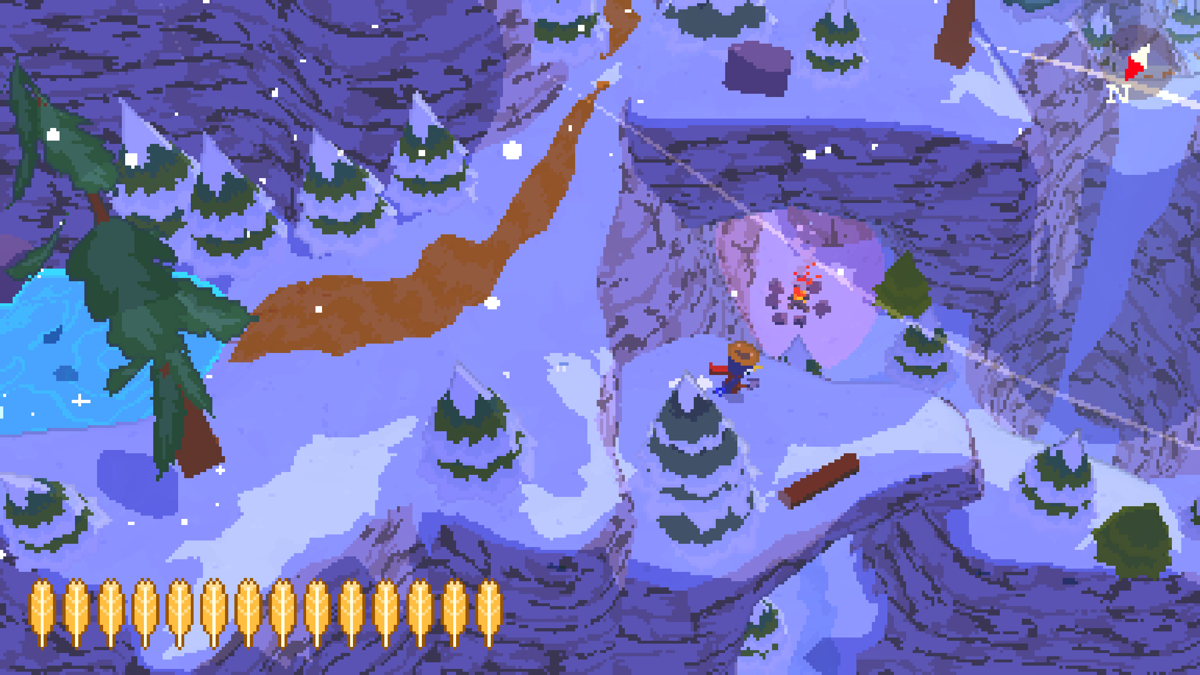 A Short Hike (Windows) screenshot: Exploring further in the snow with the compass activated.