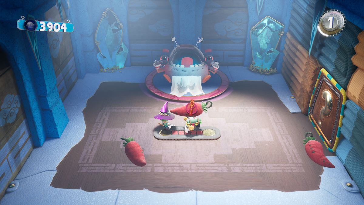 Sackboy: A Big Adventure (Windows) screenshot: Feed this creature some peppers to get a bonus item