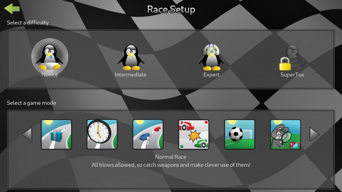 SuperTuxKart (Linux) screenshot: Race Setup (Difficulty & Mode)