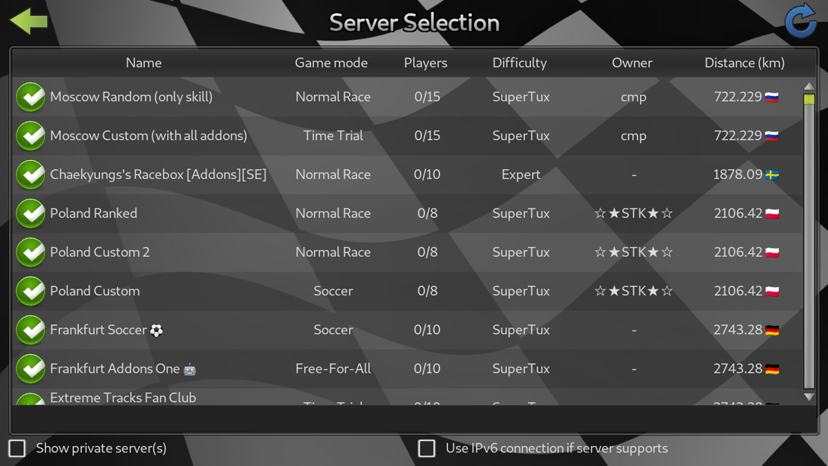 SuperTuxKart (Linux) screenshot: Server select