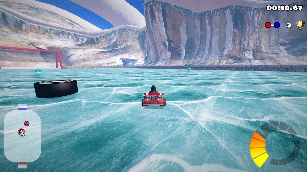 SuperTuxKart (Linux) screenshot: The Soccer mode in the Icy Soccer Field