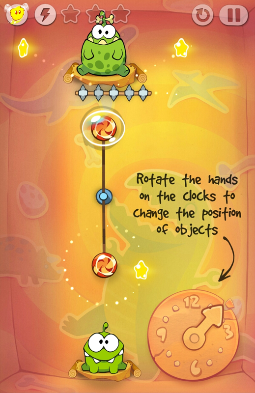 Cut the Rope: Time Travel (Android) screenshot: Rotating the hands of the clock you can move certain objects