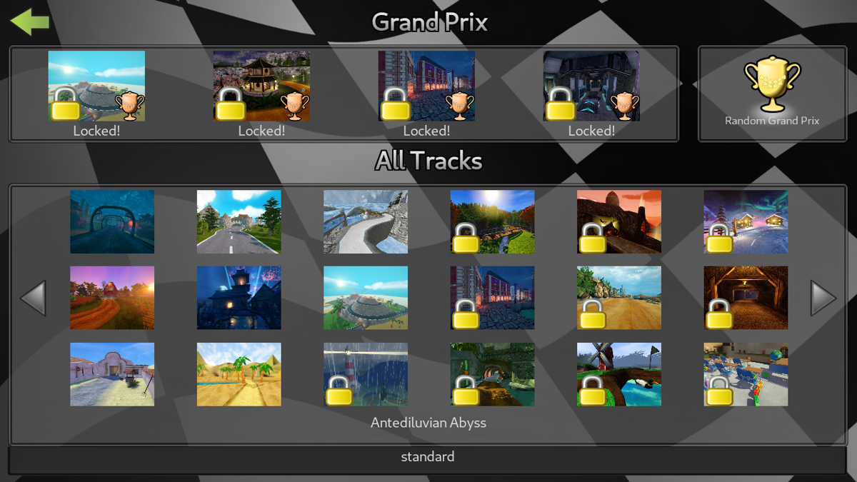 SuperTuxKart (Linux) screenshot: Track or Grand Prix select
