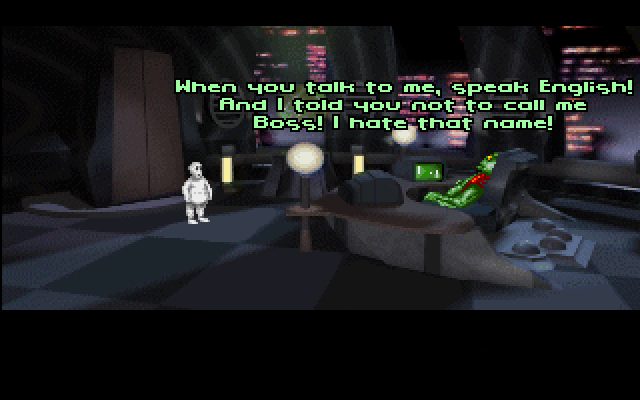 Alien Incident (DOS) screenshot: Alien minion reporting to the boss...err highness