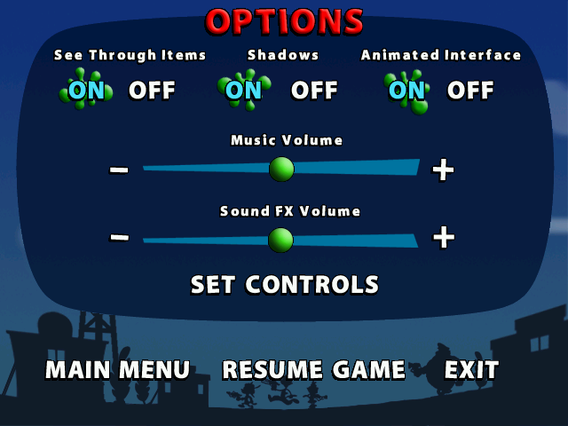 Animaniacs Splat Ball (Windows) screenshot: The options menu.