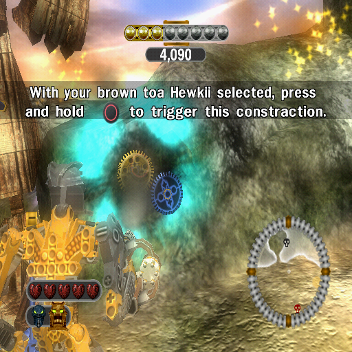 Bionicle Heroes (PlayStation 2) screenshot: Here we are wearing the right mask so holding down the circle will cause the cog wheels to do their thing and open the gate Promo version
