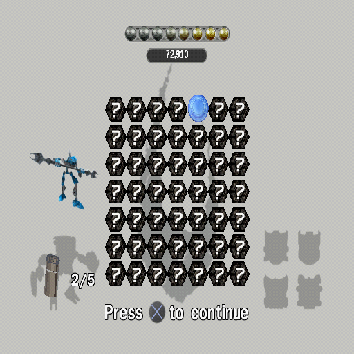 Bionicle Heroes (PlayStation 2) screenshot: At the end of the level the player has recovered two silver canisters and collected lots of Lego pieces The blue disc is a medal Promo version