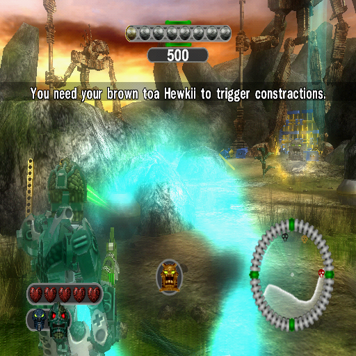 Bionicle Heroes (PlayStation 2) screenshot: Throughout the game there are areas with this blue aura. The player can only interact with them while wearing the right mask Promo version
