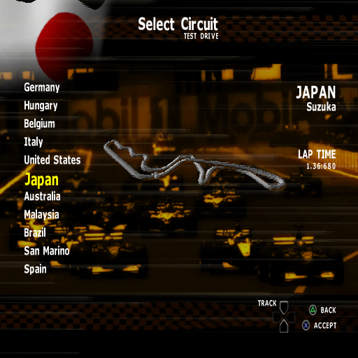 Formula One 2001 (PlayStation 2) screenshot: The circuit selection menu. This starts with Japan and the player scrolls up / down the list to select