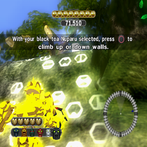 Bionicle Heroes (PlayStation 2) screenshot: Masks change weapons for example the red one shoots fire, the white one ice. Masks also give abilities e.g. one allows the player to cross water, this black one lets the player climb Promo version