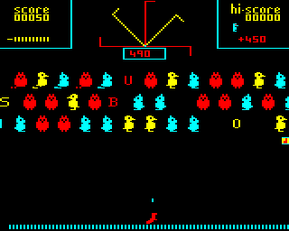 Carousel (BBC Micro) screenshot: Blasting away at the targets