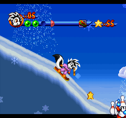 Punky Skunk (PlayStation) screenshot: With the snowboard, players can head down hills at top speed.