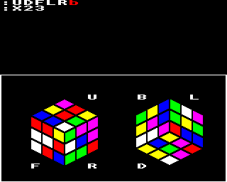 Cube Master (BBC Micro) screenshot: X scrambles the cube