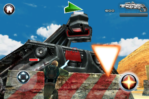 Terminator: Salvation (iPhone) screenshot: Using the surge cannon to hit the tanks weak spot