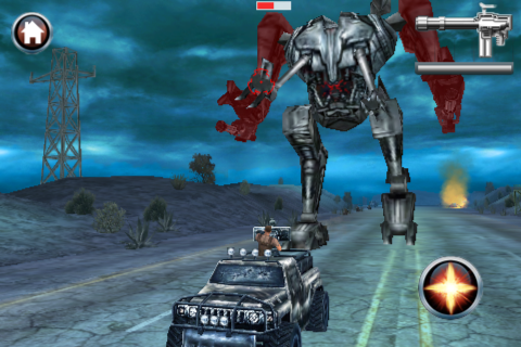 Terminator: Salvation (iPhone) screenshot: The harvester is destroyed by first destroying its arms and then its legs