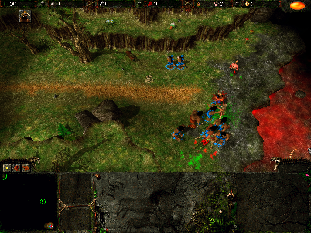 BC Kings (Windows) screenshot: Gameplay proper finds your cavemen in the middle of a fight with mutants.