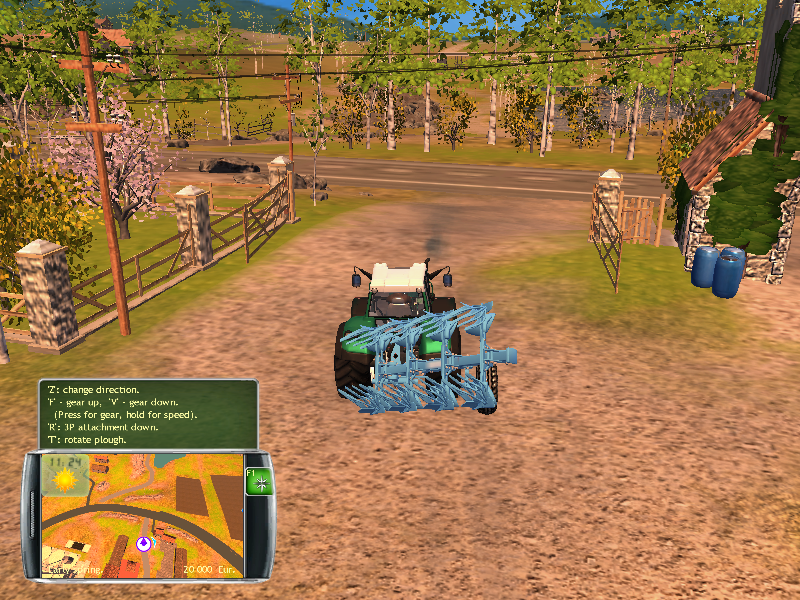 Professional Farmer 2014 (Windows) screenshot: The real plow can be towed inline behind the tractor, but this is not implemented ingame, here it can only be lifted for road transport.