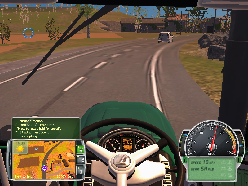 Professional Farmer 2014 (Windows) screenshot: On the road to the field. Cars will stop to let you onto the road, and then they will queue up behind you, all the way.