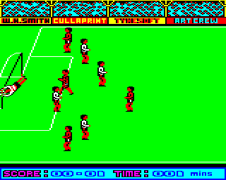 Goal! (BBC Micro) screenshot: The goalkeeper tries to save, fails