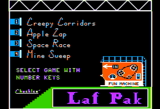 Laf Pak (Apple II) screenshot: menu screen