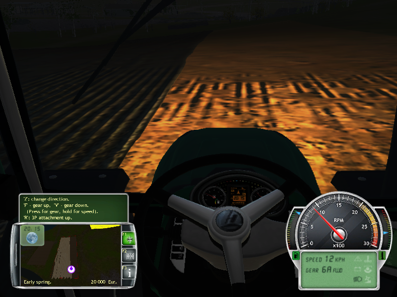 Professional Farmer 2014 (Windows) screenshot: After a short trip home to refuel, I'm back to finish the plowing of the field, and I have to turn the headlights on to see anything.