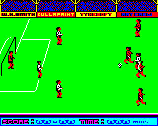 Goal! (BBC Micro) screenshot: Getting closer to goal, my team mates have magically teleported themselves to defensive positions. Still not doing anything though.