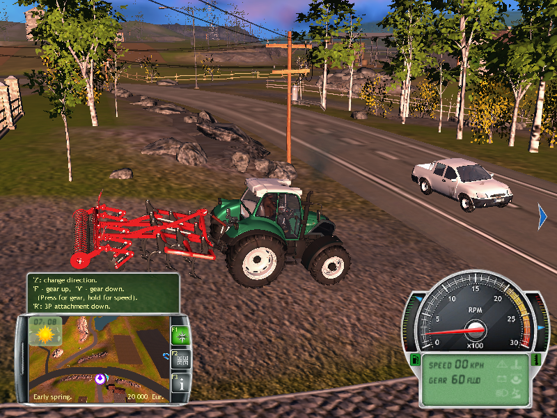 Professional Farmer 2014 (Windows) screenshot: The ingame cultivator, Horsch Terrano FX, has no road wheels, so we have to lift it. (Some real cultivator models have wheels and fold up neatly for transport)