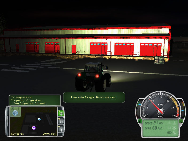 Professional Farmer 2014 (Windows) screenshot: We need to buy seeds, but cannot telephone the store for a home delivery, we must drive there...at nightfall. And we don't own a car, only the slow tractor.