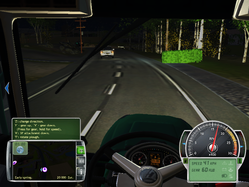 Professional Farmer 2014 (Windows) screenshot: Back on the way home, finished at around 01:00. One problem now is finding your way home, as the GPS also goes dark at nighttime, so it is of little use