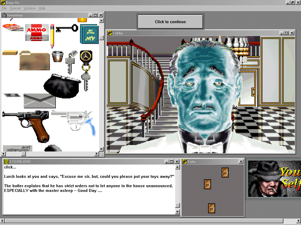Deja Vu: A Nightmare Comes True!! (Windows 3.x) screenshot: The butler seems to take almost being shot in the head rather well.