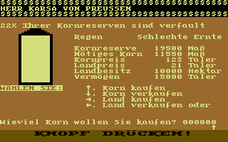 Kaiser (Commodore 64) screenshot: Selling/Buying land and grain