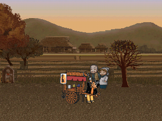 Charumera (PlayStation) screenshot: Gotta make a living... Time to blow the horn. A sweet elderly couple... my first customers?