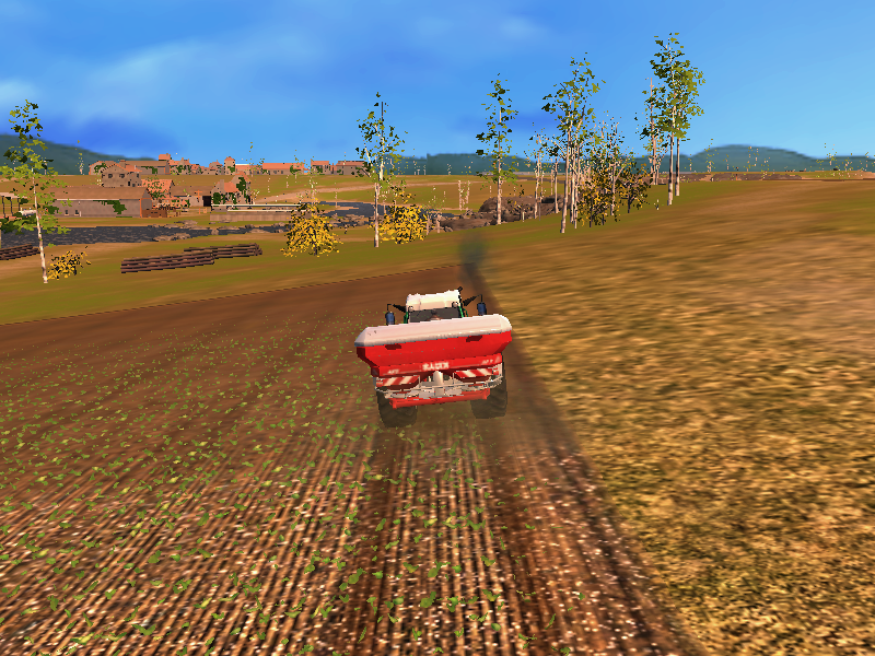 Professional Farmer 2014 (Windows) screenshot: Here I made a mistake: the spreader has a very wide spread (12-42 m according to the manufacturer) which I did not notice at first, so half the fertilizer goes to waste on the right.