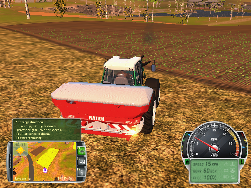 Professional Farmer 2014 (Windows) screenshot: Next day the season has changed from early to late spring: Time to spread some manure! Attach the Rauch Axis 30.1 broadcast spreader and spread the fertilizer on the fields.