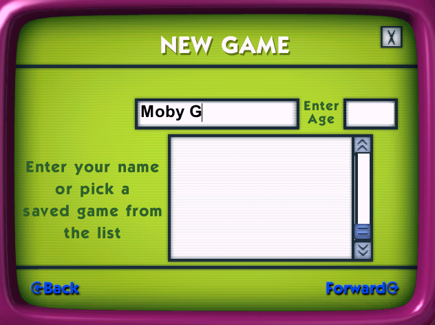 Brain Buster Quiz (Windows) screenshot: Starting a new game. After choosing between a one or two player game each player Identity must be entered. Despite the large box only six characters are allowed per name