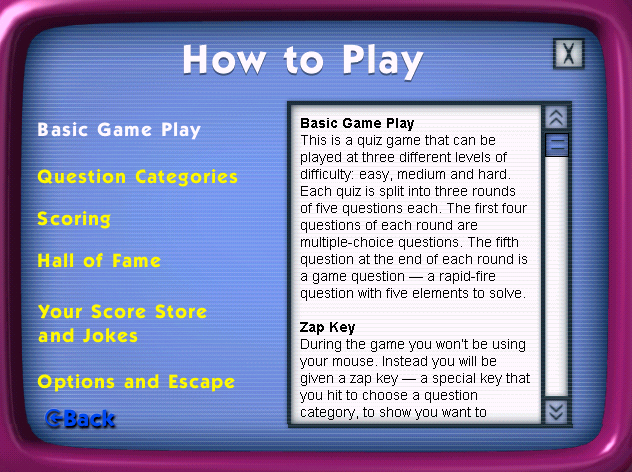 Brain Buster Quiz (Windows) screenshot: The first screen of the in-game help file