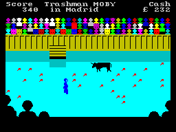 Travel with Trashman (ZX Spectrum) screenshot: Madrid. Getting hit by the bull is instant death.