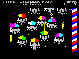 Travel with Trashman (ZX Spectrum) screenshot: Paris. The moving yellow dots are supposed to be frogs.