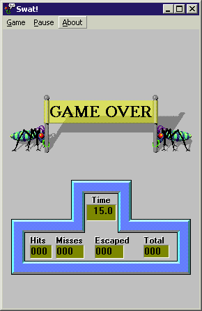 Swat! (Windows) screenshot: The game loads and displays a Game Over screen straight away